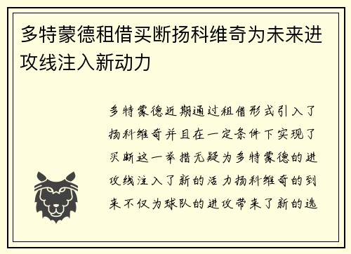 多特蒙德租借买断扬科维奇为未来进攻线注入新动力